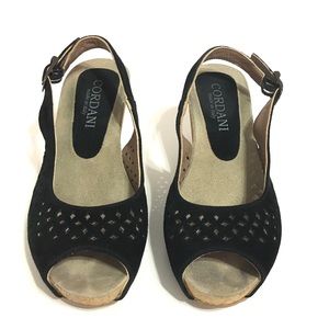 Cordani Cork Black Suede Sling Back Wedge Sz 37